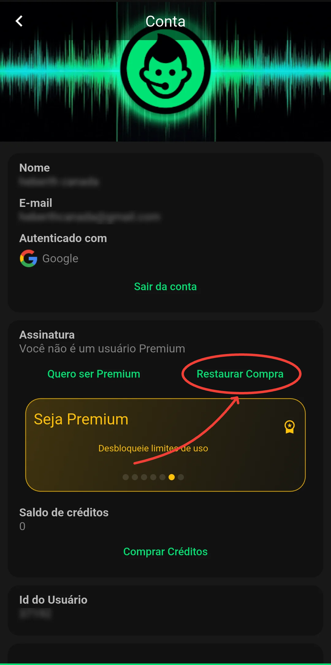 Tela Conta do Voz do Narrador com a opção Restaurar Compra circulada.
