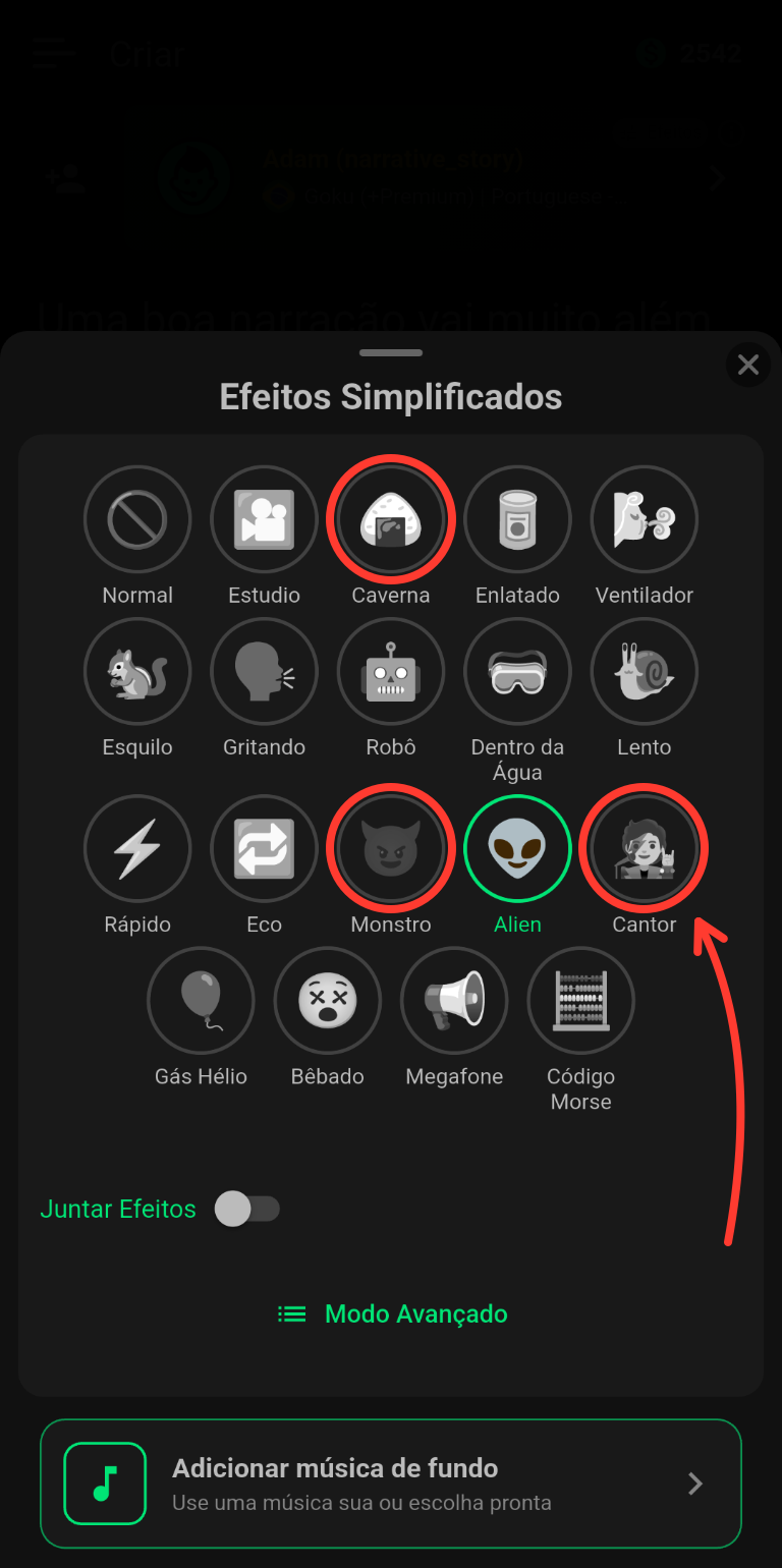 Tela Efeitos Simplificados com os efeitos Caverna, Monstro e Cantor destacados por círculos e uma seta vermelha.