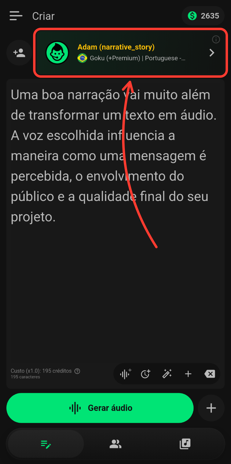 Tela Criar do Voz do Narrador com o seletor de voz no topo destacado por um contorno e uma seta vermelha.