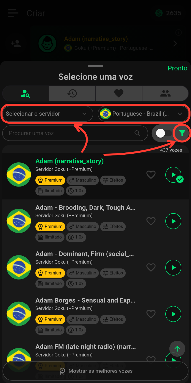 Tela Selecione uma voz com a barra de servidor e idioma contornada em vermelho e uma seta apontando para o ícone de filtro.