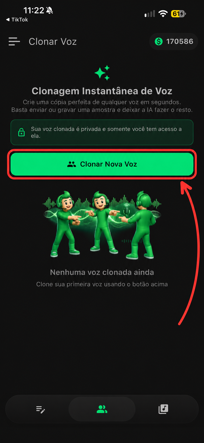 Tela Clonar Voz, com o botão Clonar Nova Voz destacado por um contorno e uma seta vermelhos.