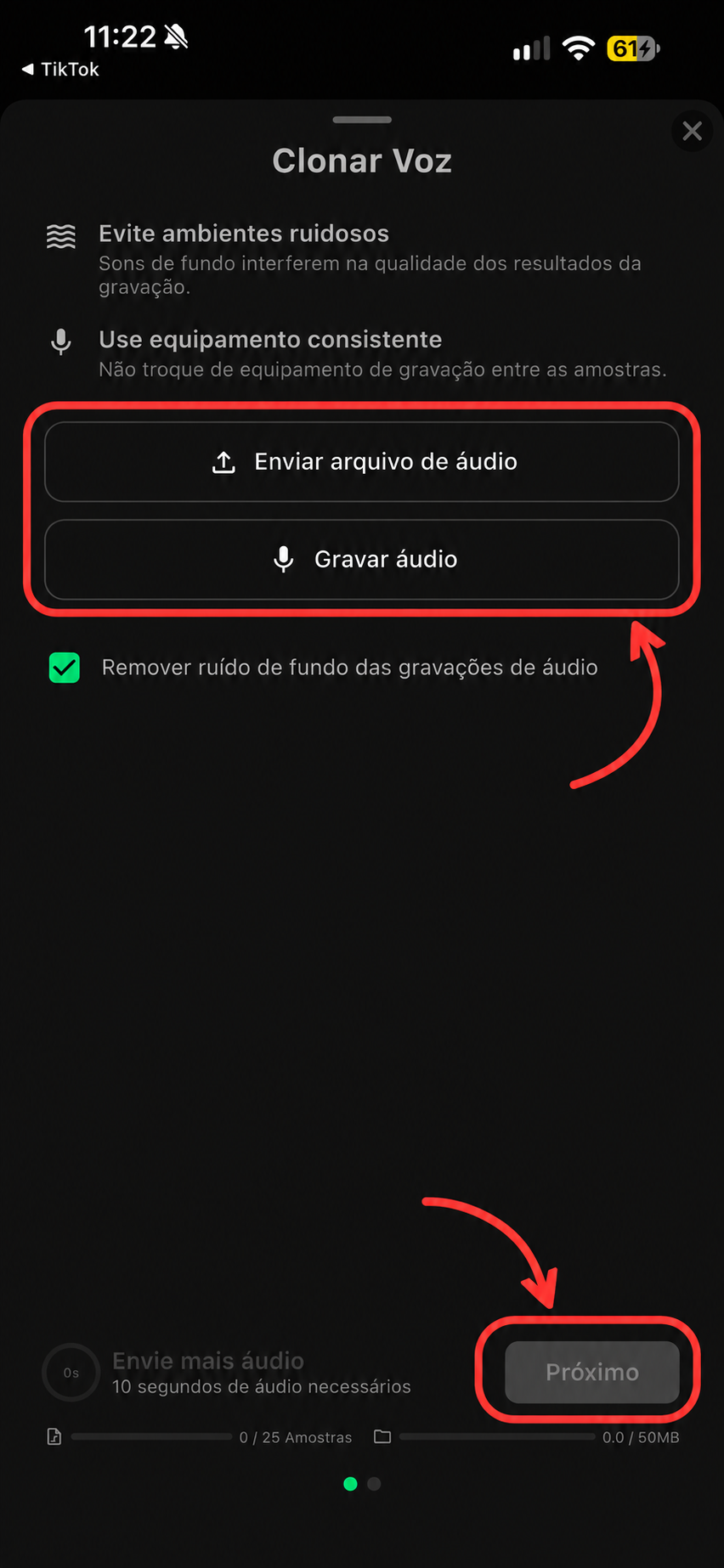 Tela de envio da amostra, com as opções Enviar arquivo de áudio e Gravar áudio destacadas e uma segunda seta indicando Próximo.