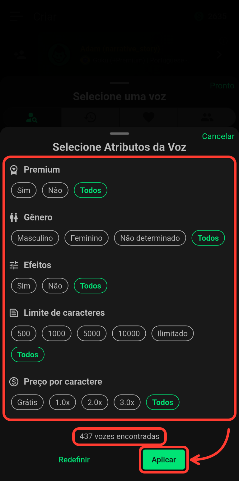 Tela Selecione Atributos da Voz com os cinco filtros contornados em vermelho, o contador de vozes encontradas e uma seta apontando para o botão Aplicar.