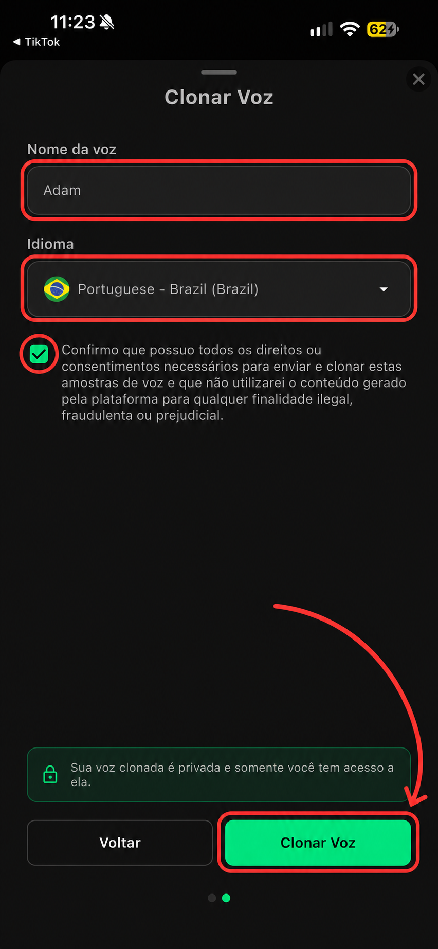 Etapa final da clonagem, com os campos Nome da voz e Idioma, a confirmação de consentimento e o botão Clonar Voz destacados em vermelho.