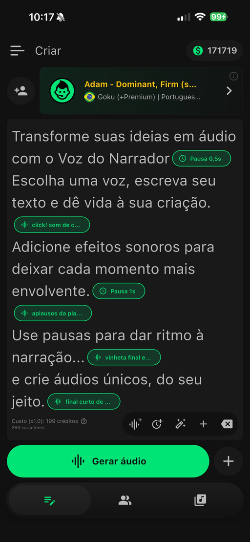 Tela de criação: digite o texto e gere o áudio