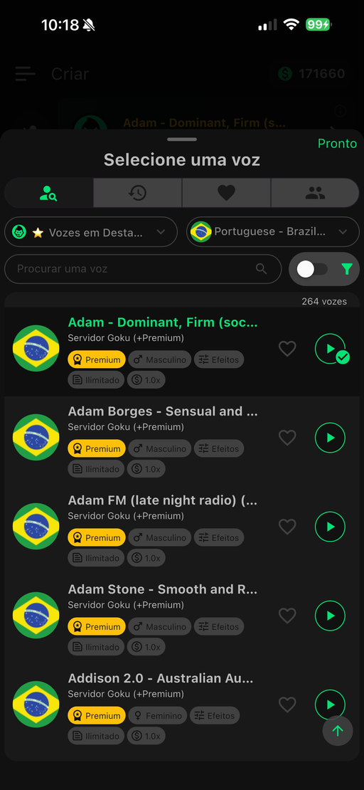Seleção de vozes com busca e filtros