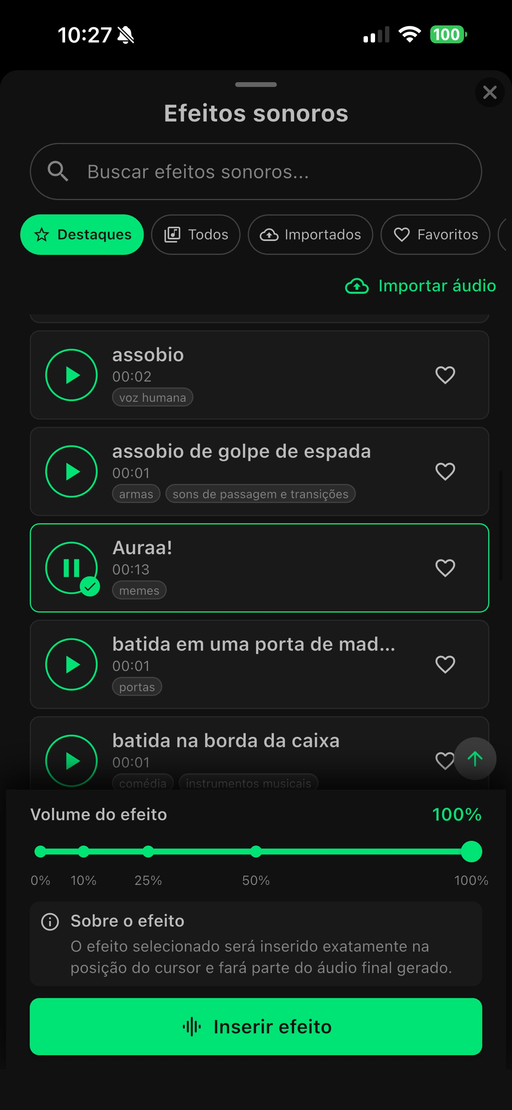Biblioteca de efeitos sonoros com busca e controle de volume